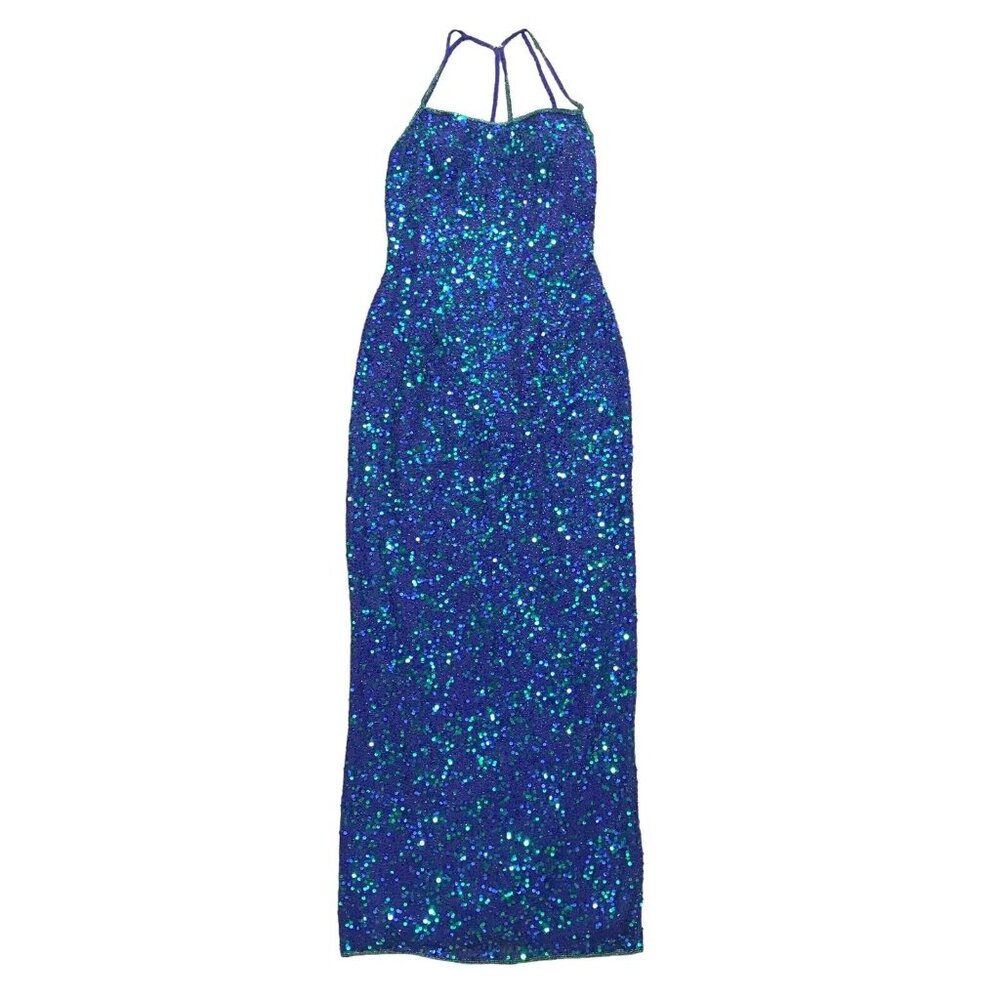 SCALA Womens 8-L Blue Evening Gown Sequins Spighetti Straps Special Event